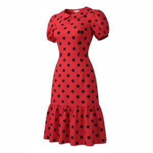 Maisolly Polka Dot Dress Large 12 14 Red Black Puff Sleeve Ruffle Hem Retro